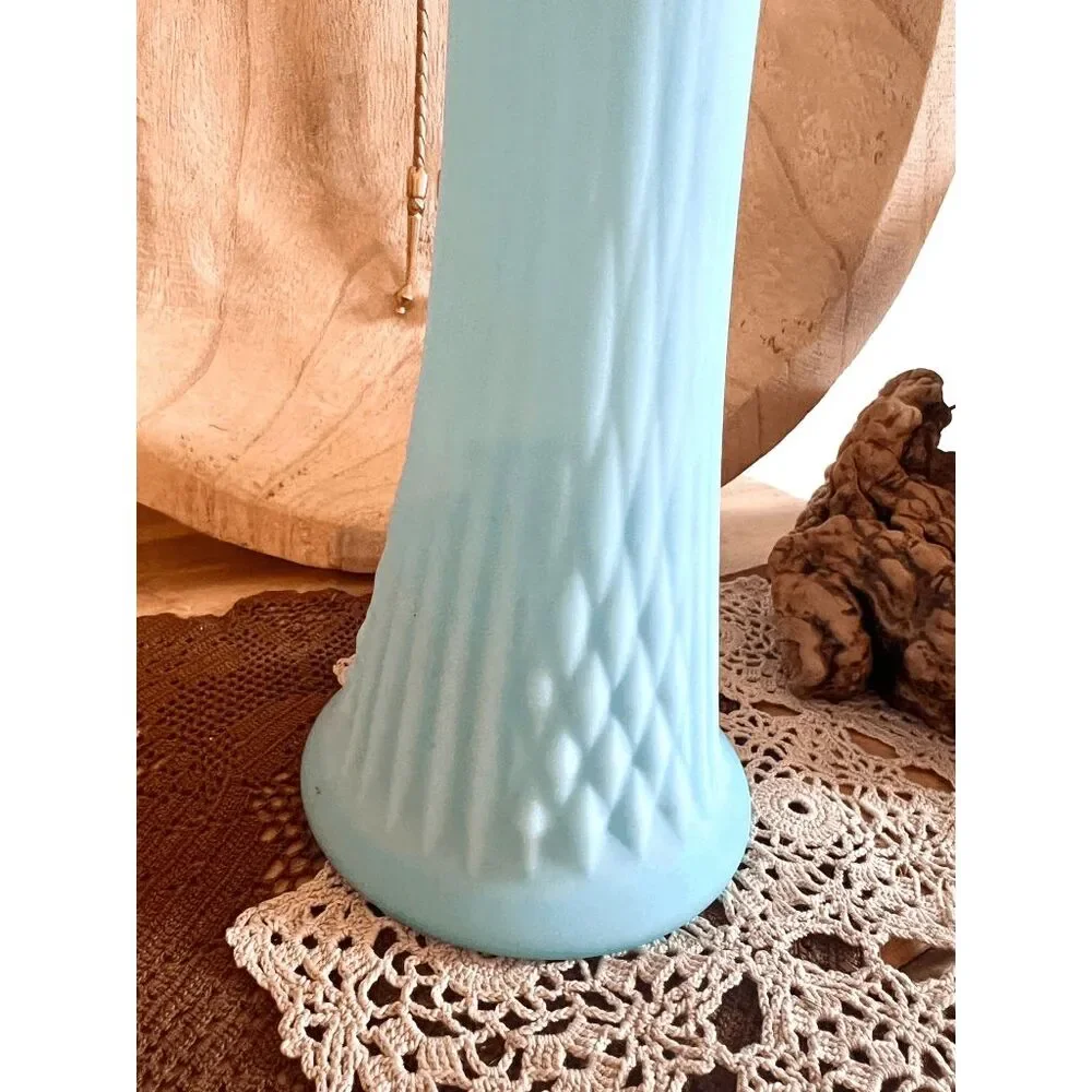 Vintage Fenton Stretch Swung Blue Satin Custard Milk Glass Diamond Pattern Vase
